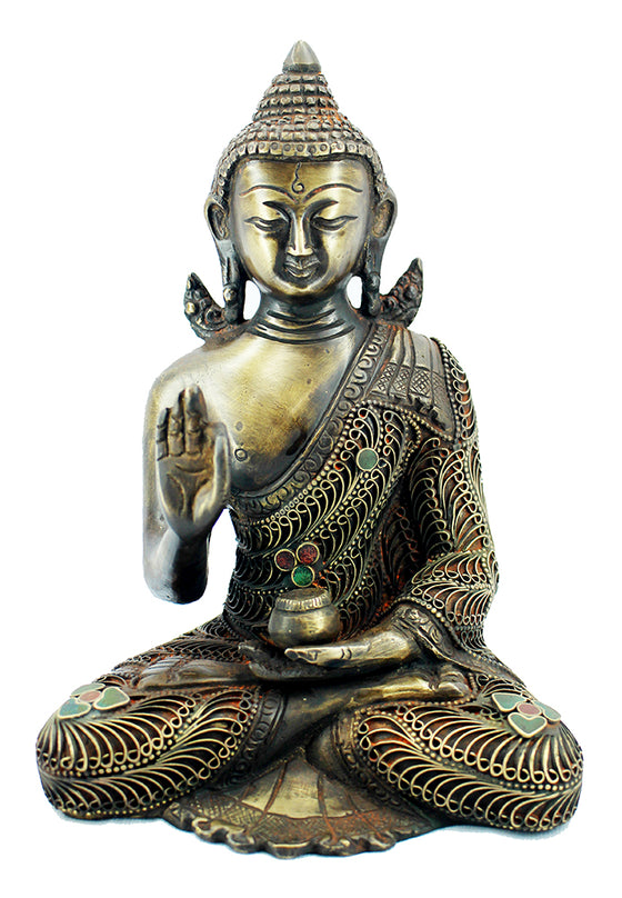 [[Filigran decorated brass Buddha statue///Statue de Buddha en laiton décorée de filigranes]]
