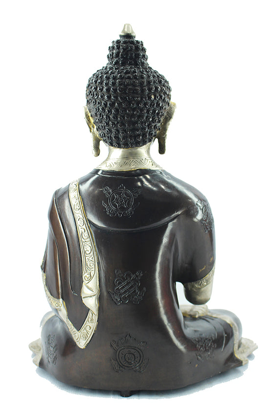 [[Dark brown and silver brass Buddha statue///Statue de Bouddha en cuivre brun foncé et argent]]