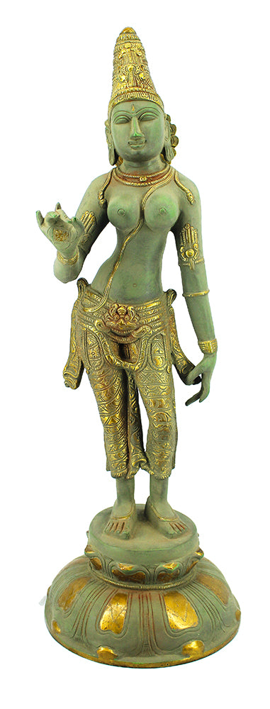 [[Antique green and gold brass Parvati statue///Statue de Parvati en laiton vert et or antique]]