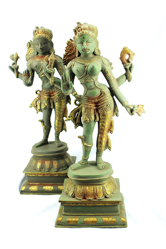 [[Antique green and gold brass Ardhanari statue///Statue de Ardhanari en laiton vert et or antique]]