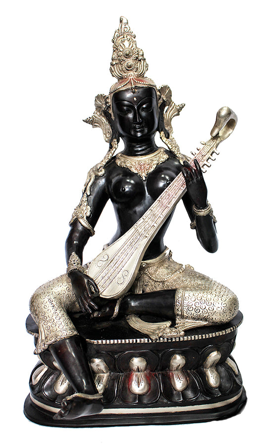 [[Black silver brass Saraswati statue///Statue de Saraswati en cuivre noir et argent]]