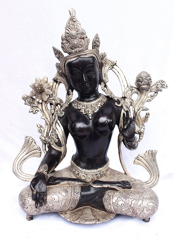 [[Black silver brass Tara statue///Statue de Tara en cuivre noir et argent]]