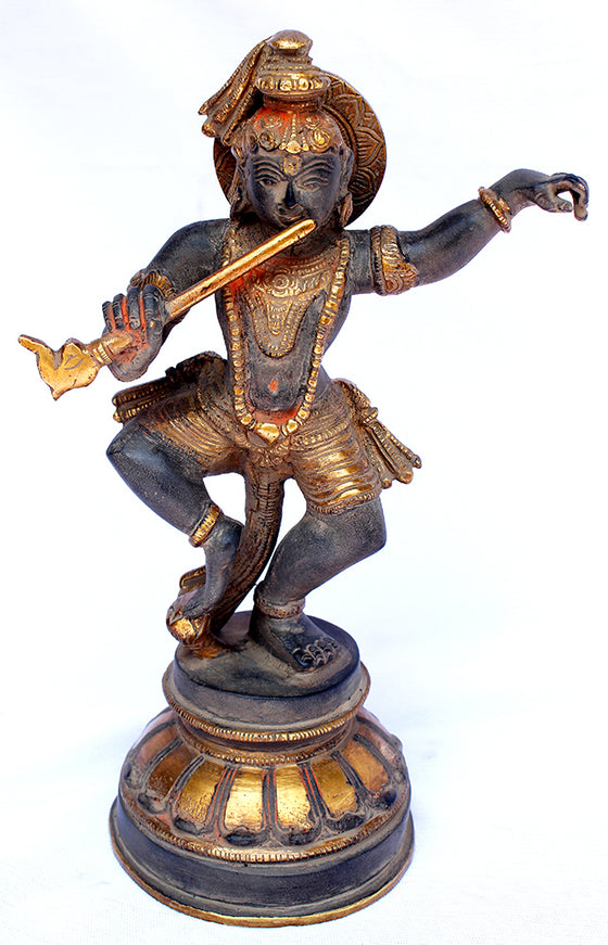[[Antique black and gold brass Krishna statue///Statue de Krishna en laiton noir et or antique]]