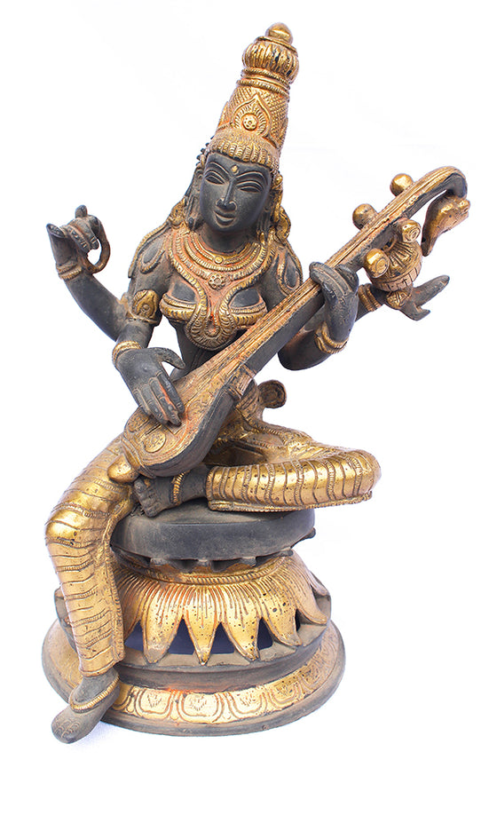 [[Antique black and gold brass Saraswati statue///Statue de Saraswati en laiton noir et or antique]]