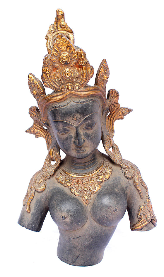 [[Antique black and gold brass Tara bust///Tara en laiton noir et or antique]]