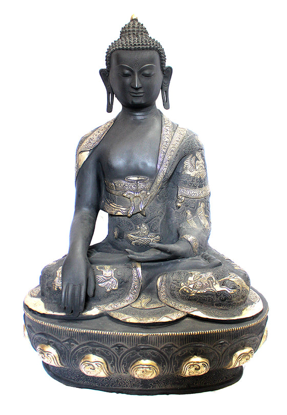 [[Antique black silver brass Buddha statue///Statue de Bouddha en laiton noir et argenté antique]]