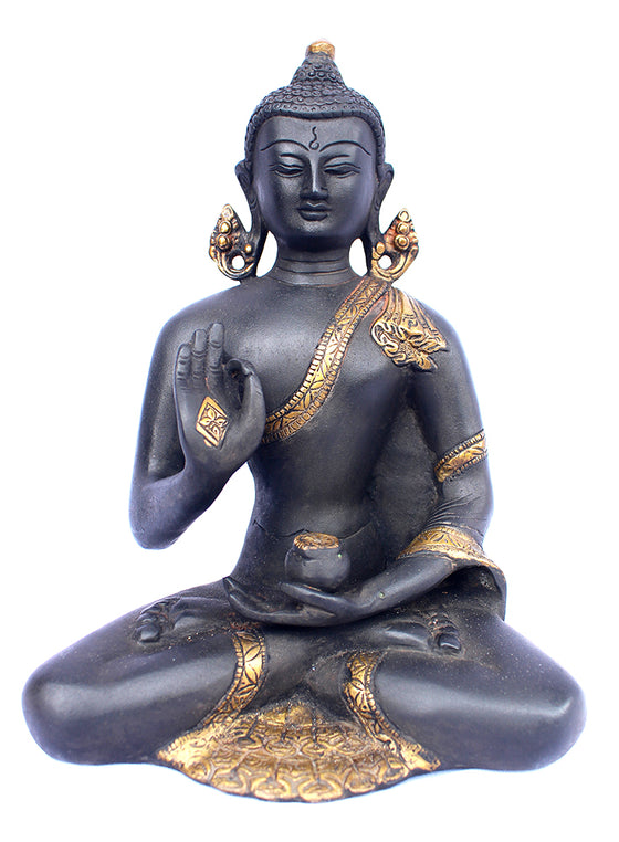 [[Antique black and gold brass Buddha statue///Statue de Buddha en laiton noir et or antique]]
