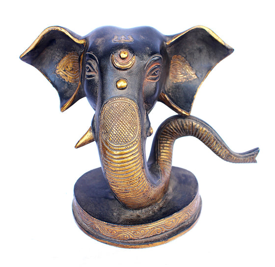 [[Antique black and gold brass elephant head statue///Statue de tête d'éléphant en laiton noir et or antique]]