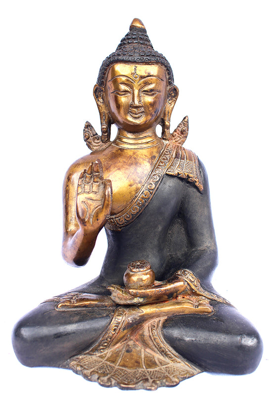[[Antique black and gold brass Buddha statue///Statue de Bouddha en laiton noir et or antique]]