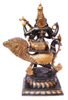 [[Antique black and gold brass Saraswati on a peacock///Saraswati sur un perroquet en laiton noir et doré antique]]