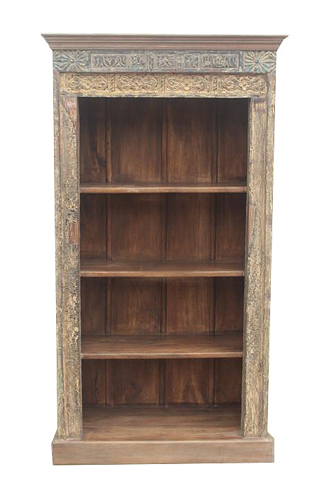 [[Pastel beige book shelf with old hand carved door frame///Etagère beige pastel avec vieux panneau sculpté à la main]]