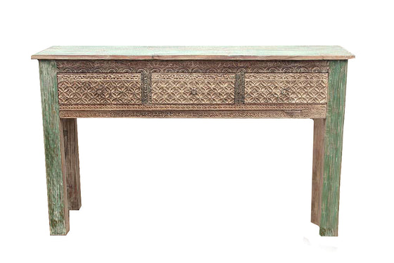 [[Pastel side table with 3 hand carved decorative drawers///Console pastel avec 3 tiroirs décoratifs]]