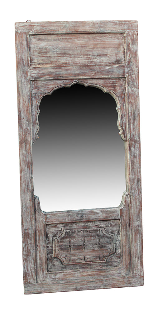 [[Pastel beige old teak window with a mirror///Fenêtre en vieux teck beige pastel avec un miroir]]
