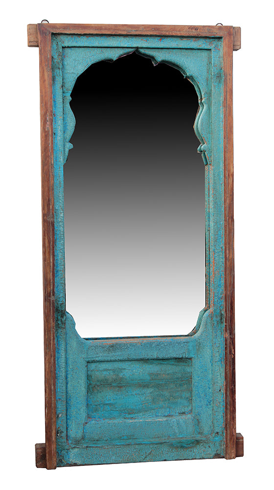 [[Turquoise old teak window with a mirror///Fenêtre en vieux teck turquoise avec un miroir]]