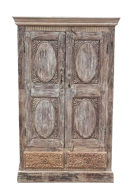 [[Pastel beige teak wood cabinet with old doors///Meuble en teck beige pastel avec portes anciennes]]