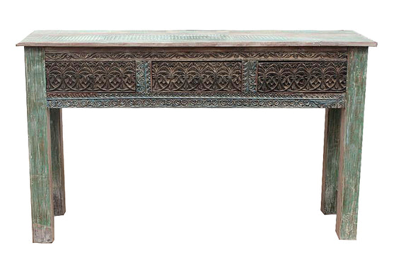 [[Pastel side table with 3 hand carved decorative drawers///Console pastel avec 3 tiroirs décoratifs sculptés à la main]]