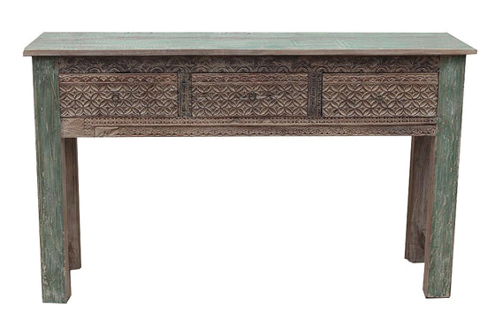[[Pastel side table with 3 hand carved decorative drawers///Console pastel avec 3 tiroirs décoratifs sculptés à la main]]