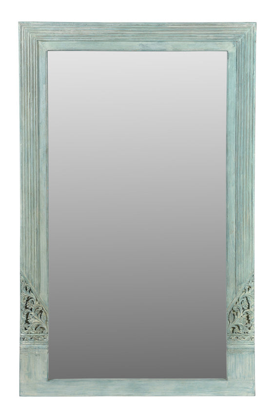 [[Pastel blue old teak door frame with a mirror///Cadre de porte en vieux bois de teck bleu pastel avec un miroir]]