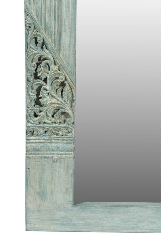 [[Pastel blue old teak door frame with a mirror///Cadre de porte en vieux bois de teck bleu pastel avec un miroir]]