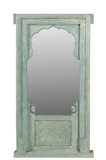 [[Pastel blue old teak wood window frame with a mirror///Cadre de fenêtre en vieux bois de teck bleu pastel avec un miroir]]