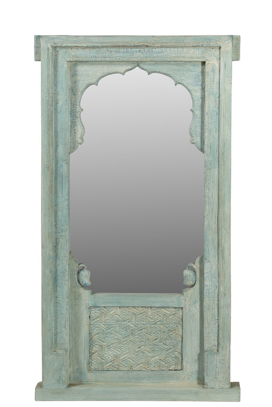 [[Pastel blue old teak wood window frame with a mirror///Cadre de fenêtre en vieux bois de teck bleu pastel avec un miroir]]