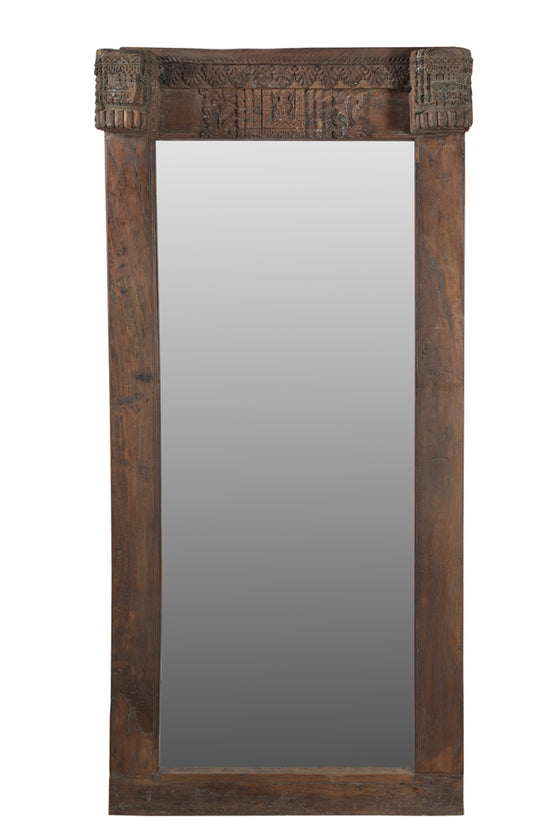 [[Old teak wood window frame with a mirror///Cadre de fenêtre en vieux bois de teck avec un miroir]]