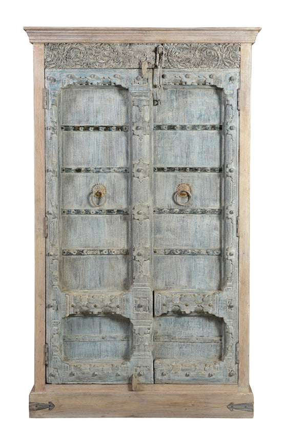 [[Pastel blue cabinet with old teak doors///Armoire bleue pastel avec de vieilles portes en teck]]