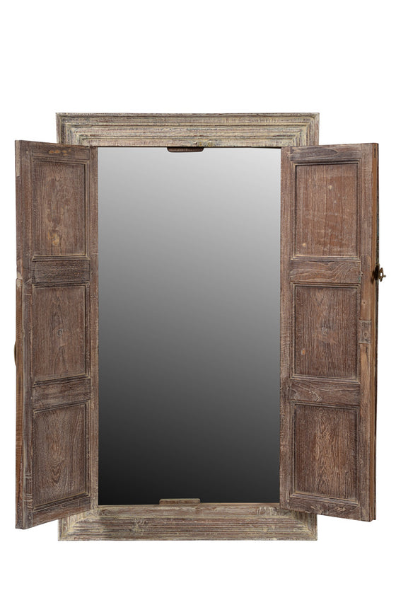[[Pastel beige old teak wood mirror with shutters///Miroir avec volets en vieux bois de teck beige pastel]]