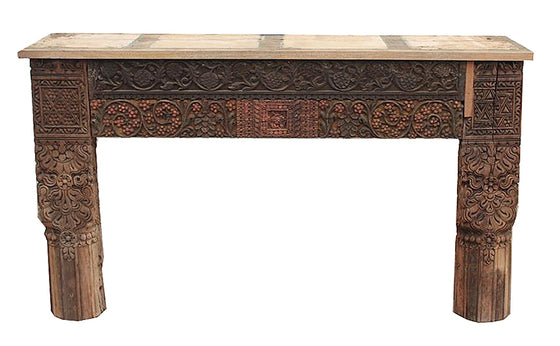 [[Pastel side table with old hand carved teak panels///Console pastel avec panneaux en teck sculptés à la main]]