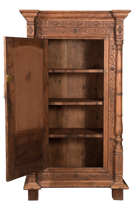 [[Old hand carved teak wood cabinet with a mirror///Armoire en ancien bois de  teck sculptée à la main avec un miroir]]