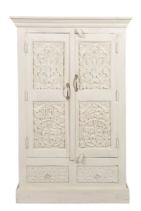 [[Whitewashed, hand carved teak wood cabinet with old doors///Armoire en bois de teck blanchie à la chaux, sculptée à la main avec portes anciennes ]]