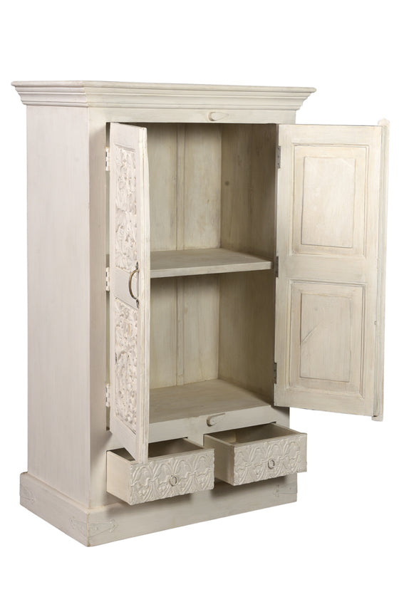 [[Whitewashed, hand carved teak wood cabinet with old doors///Armoire en bois de teck blanchie à la chaux, sculptée à la main avec portes anciennes ]]
