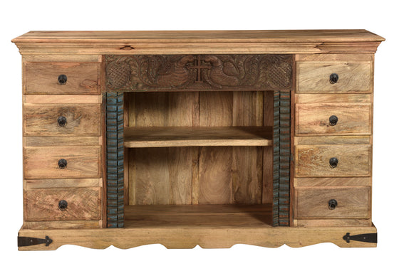 [[Wooden TV-unit with a vintage panel and drawers///Meuble TV en bois avec un panneau vintage et des tiroirs]]