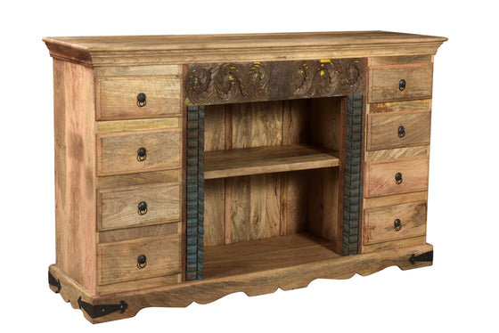 [[Wooden TV-unit with a vintage panel and drawers///Meuble TV en bois avec un panneau vintage et des tiroirs]]
