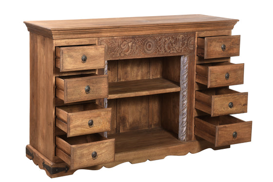 [[Wooden TV-unit with a vintage panel and drawers///Meuble TV en bois avec un panneau vintage et des tiroirs]]