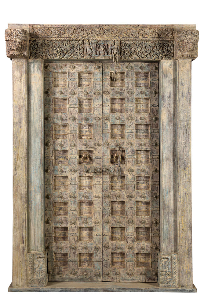 Ancienne Porte En Bois Massif Faite Main, Style Rajesthani, Inde, Début XXe