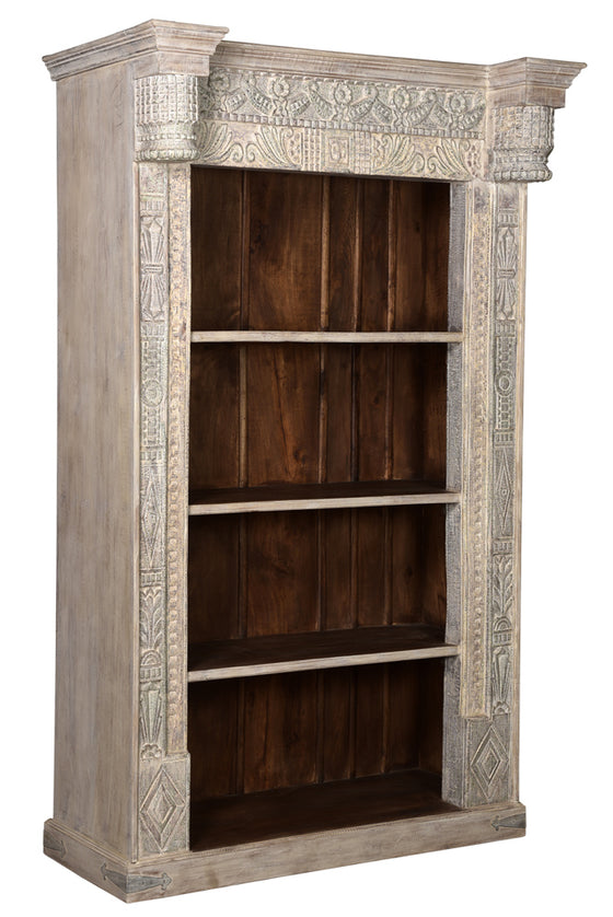 [[Massive bookshelf with an old Indian door frame///Bibliothèque massive avec un ancien cadre de porte indien]]