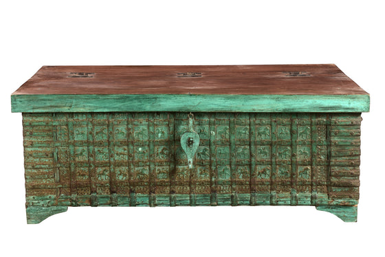 [[Vintage green old Indian teak wood chest//Coffre vert en ancien bois de teck indien]]