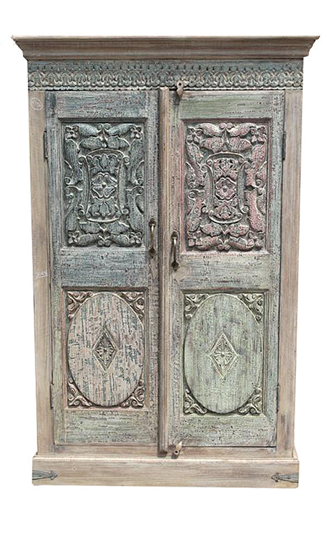 [[Pastel turquoise teak wood cabinet with old doors///Meuble en bois de teck turquoise pastel avec portes anciennes]]