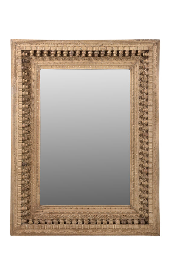 [[Reclaimed wood mirror frame with detailed carvings//Cadre de miroir en bois récupéré avec des sculptures détaillées]]