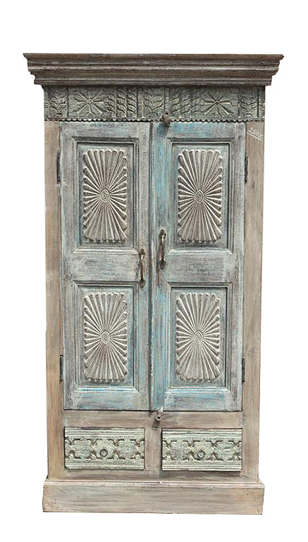 [[Pastel turquoise teak wood cabinet with old doors///Meuble en bois de teck turquoise pastel avec portes anciennes]]