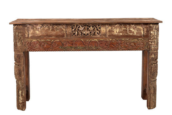 [[Old teak wood side table with carved panels///Table d'appoint anciene en bois de teck avec panneaux sculptés]]