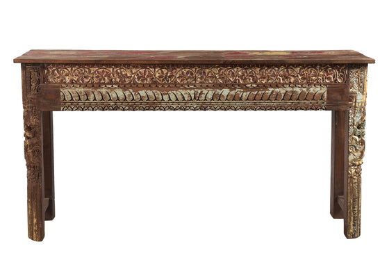 [[Old teak wood side table with carved panels///Table d'appoint en ancien bois de teck avec panneaux sculptés]]