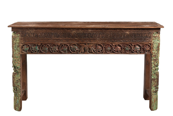 [[Old teak wood side table with carved panels///Table d'appoint en ancien bois de teck avec panneaux sculptés]]