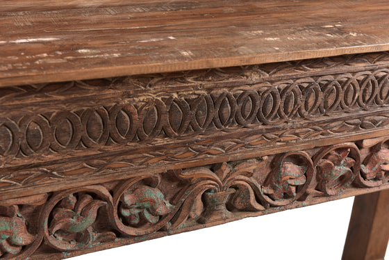 [[Old teak wood side table with carved panels///Table d'appoint en ancien bois de teck avec panneaux sculptés]]