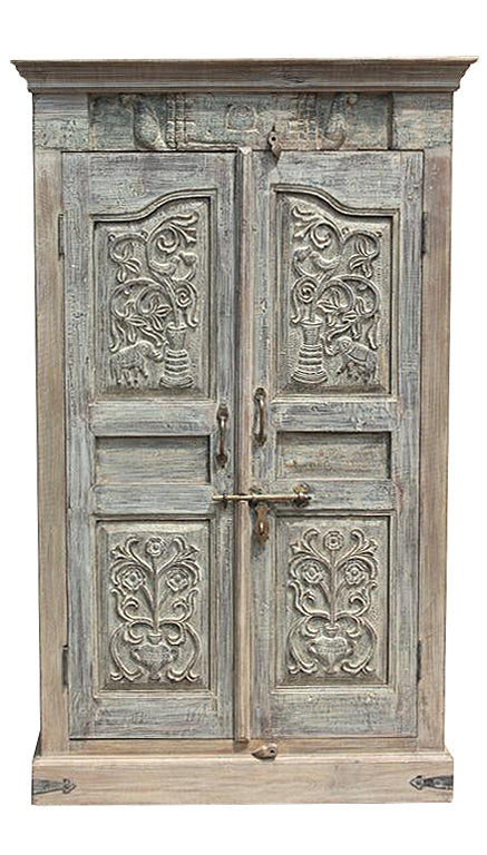 [[Pastel turquoise teak wood cabinet with old doors///Meuble en bois de teck turquoise pastel avec portes anciennes]]
