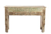 [[Pastel beige old teak wood side table with carved panels///Table d'appoint beige pastel en ancien bois de teck avec panneaux sculptés]]