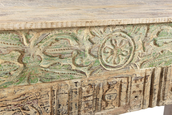 [[Pastel beige old teak wood side table with carved panels///Table d'appoint beige pastel en ancien bois de teck avec panneaux sculptés]]