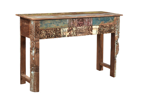 [[Old teak wood side table with carved panels///Table d'appoint en ancien bois de teck avec panneaux sculptés]]