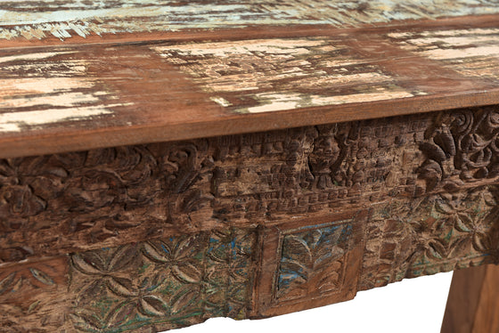 [[Old teak wood side table with carved panels///Table d'appoint en ancien bois de teck avec panneaux sculptés]]